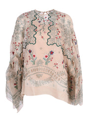 Slenda embroidered organza silk cloak blouse with back gathered peplum