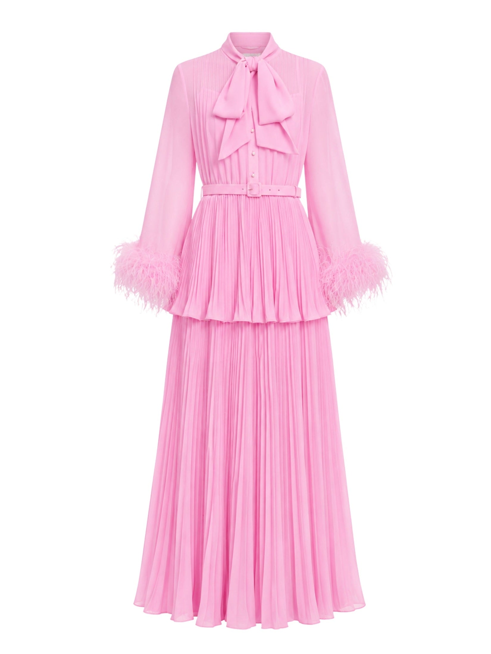 Pink georgette feather cuff maxi dress
