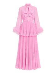 Pink georgette feather cuff maxi dress