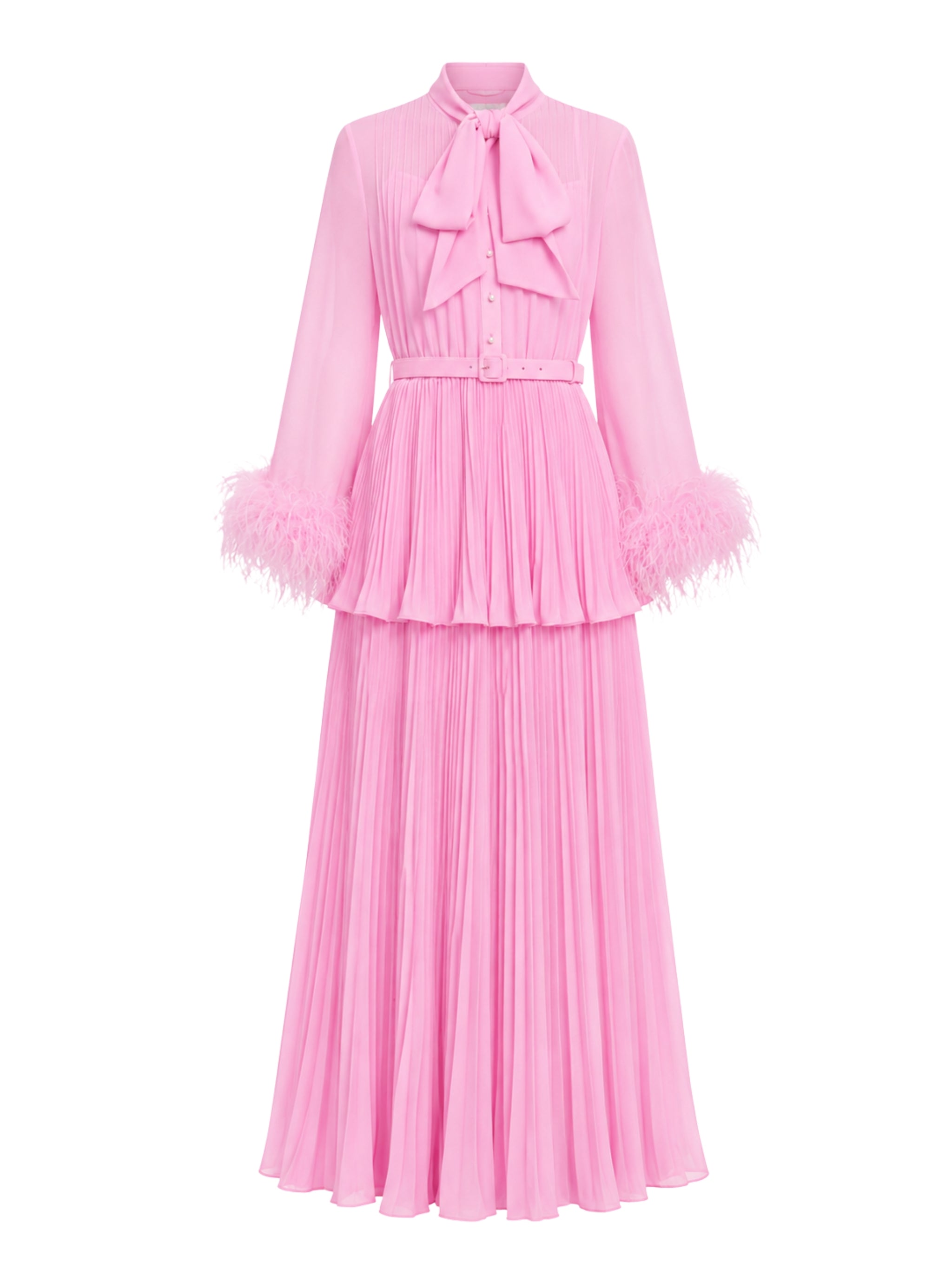Pink georgette feather cuff maxi dress
