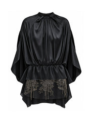 Black Draped Blouse with Cape Sleeves