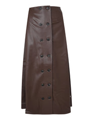 BROWN VEGAN LEATHER BUTTON-DETAIL MIDI SKIRT