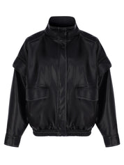 BLACK VEGAN LEATHER WITH STITCHING DETAIL JACKET-VEST