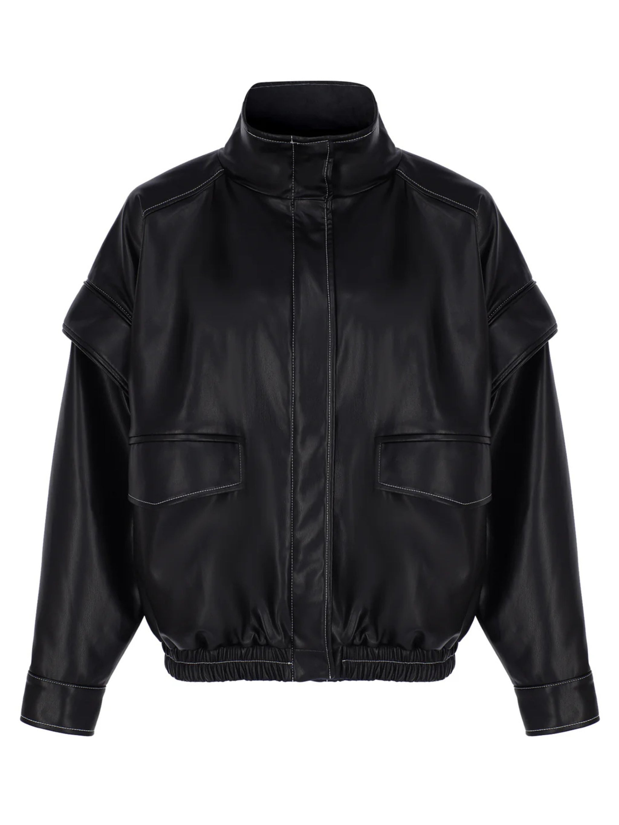 BLACK VEGAN LEATHER WITH STITCHING DETAIL JACKET-VEST