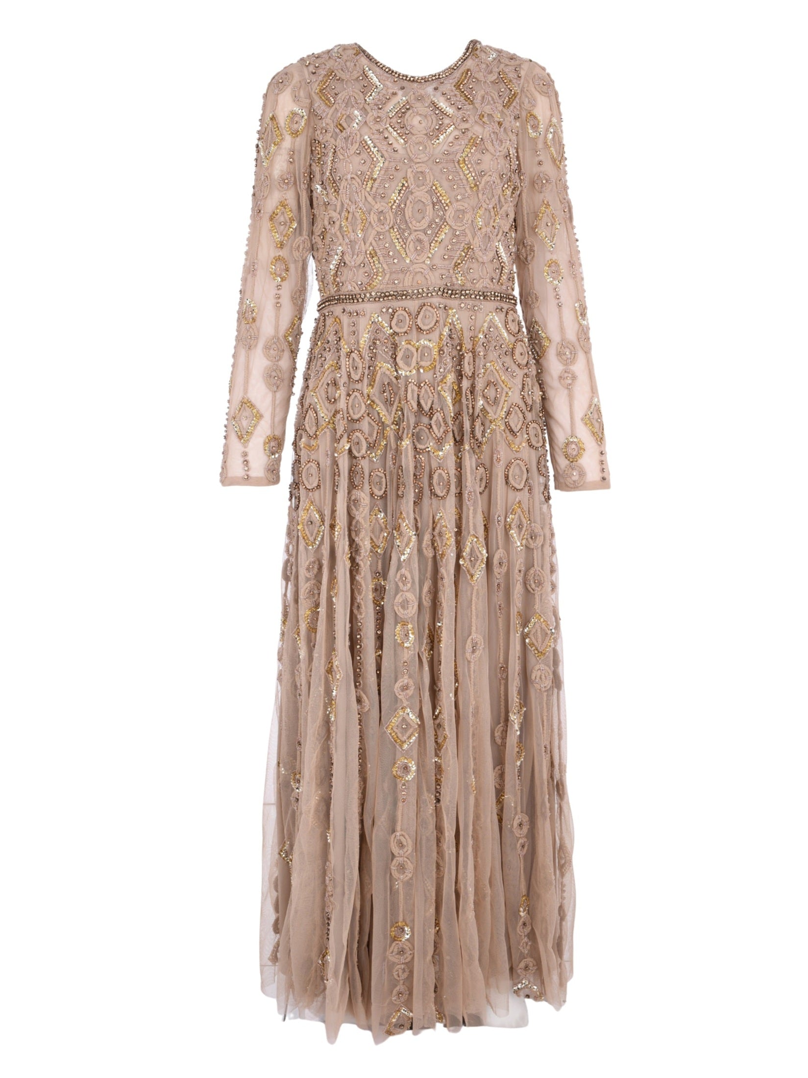 Long sleeve high neck embellished mesh gown