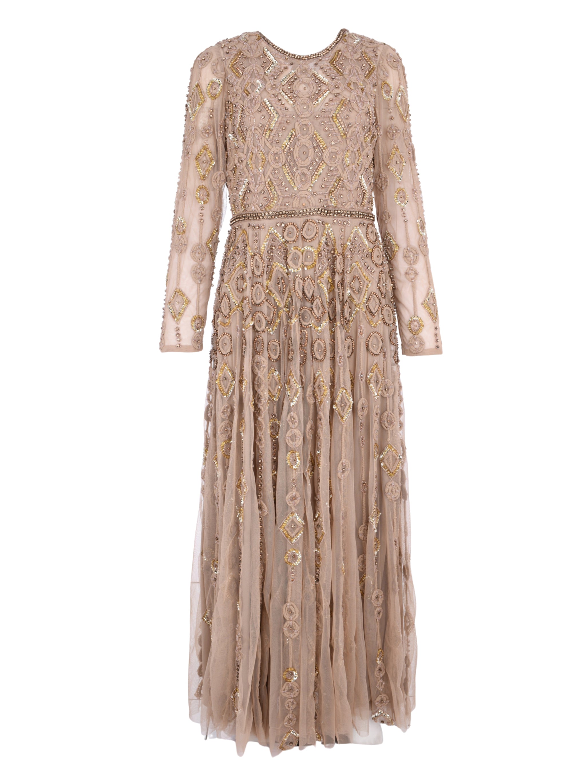 LONG SLEEVE HIGH NECK EMBELLISHED MESH GOWN