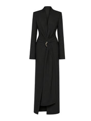 Fitted suit coat featuring front draping accentuated by a premium metal accessory detail