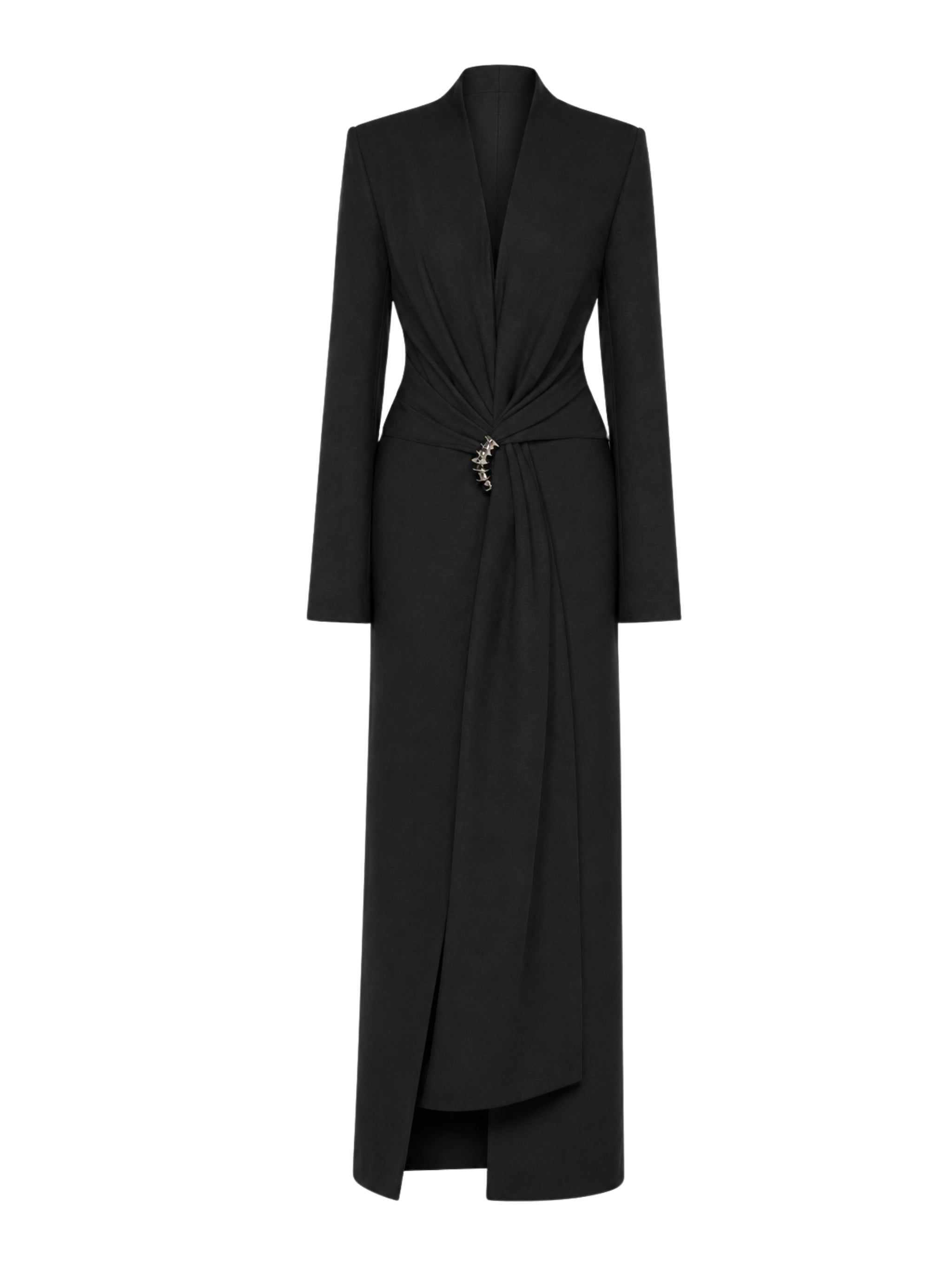 Fitted suit coat featuring front draping accentuated by a premium metal accessory detail