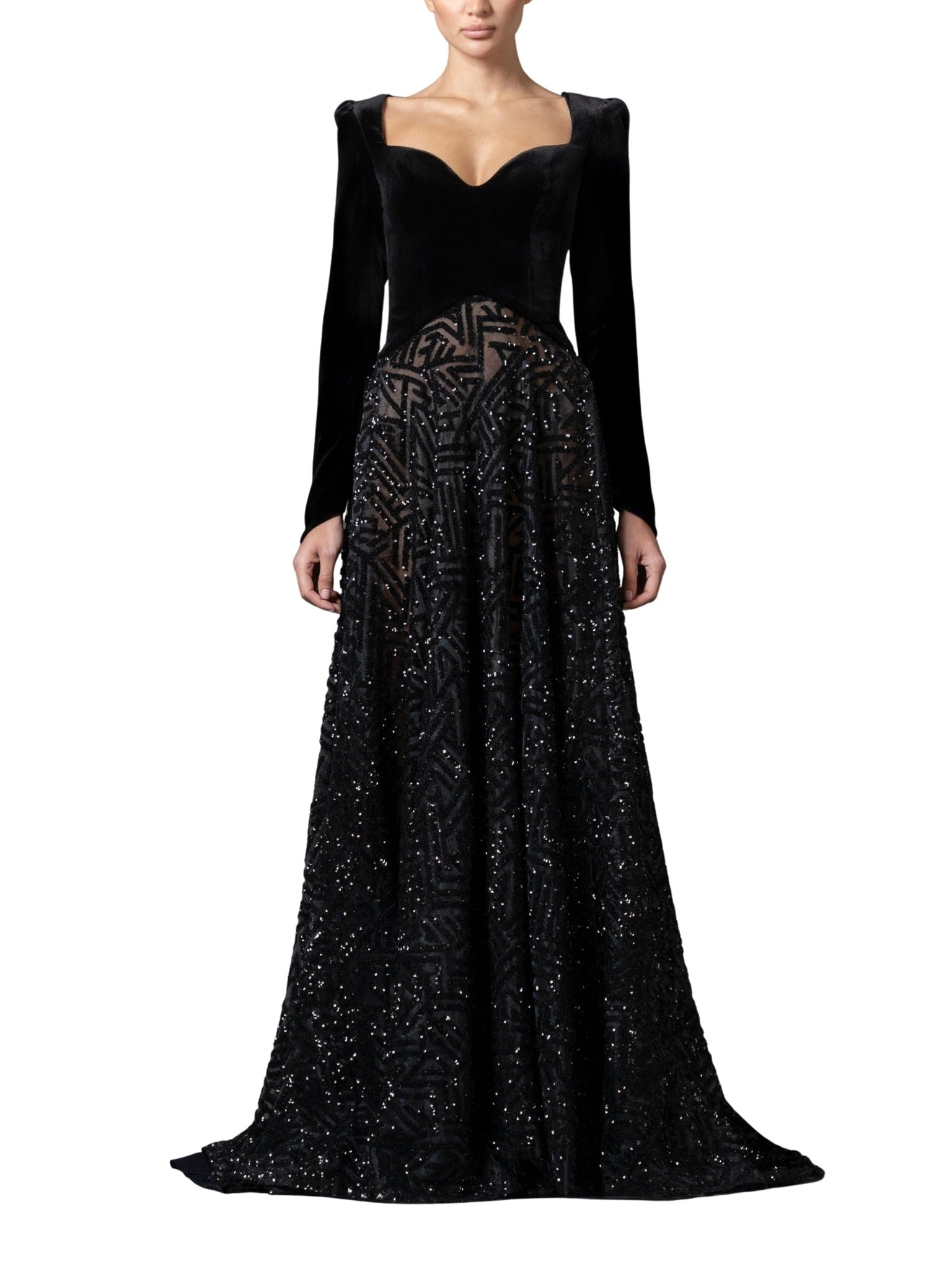Velvet dress with a structured sweetheart bodice