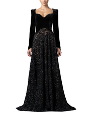Velvet dress with a structured sweetheart bodice
