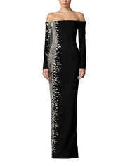 Off-the-shoulder suede gown embroidered with baguette stones