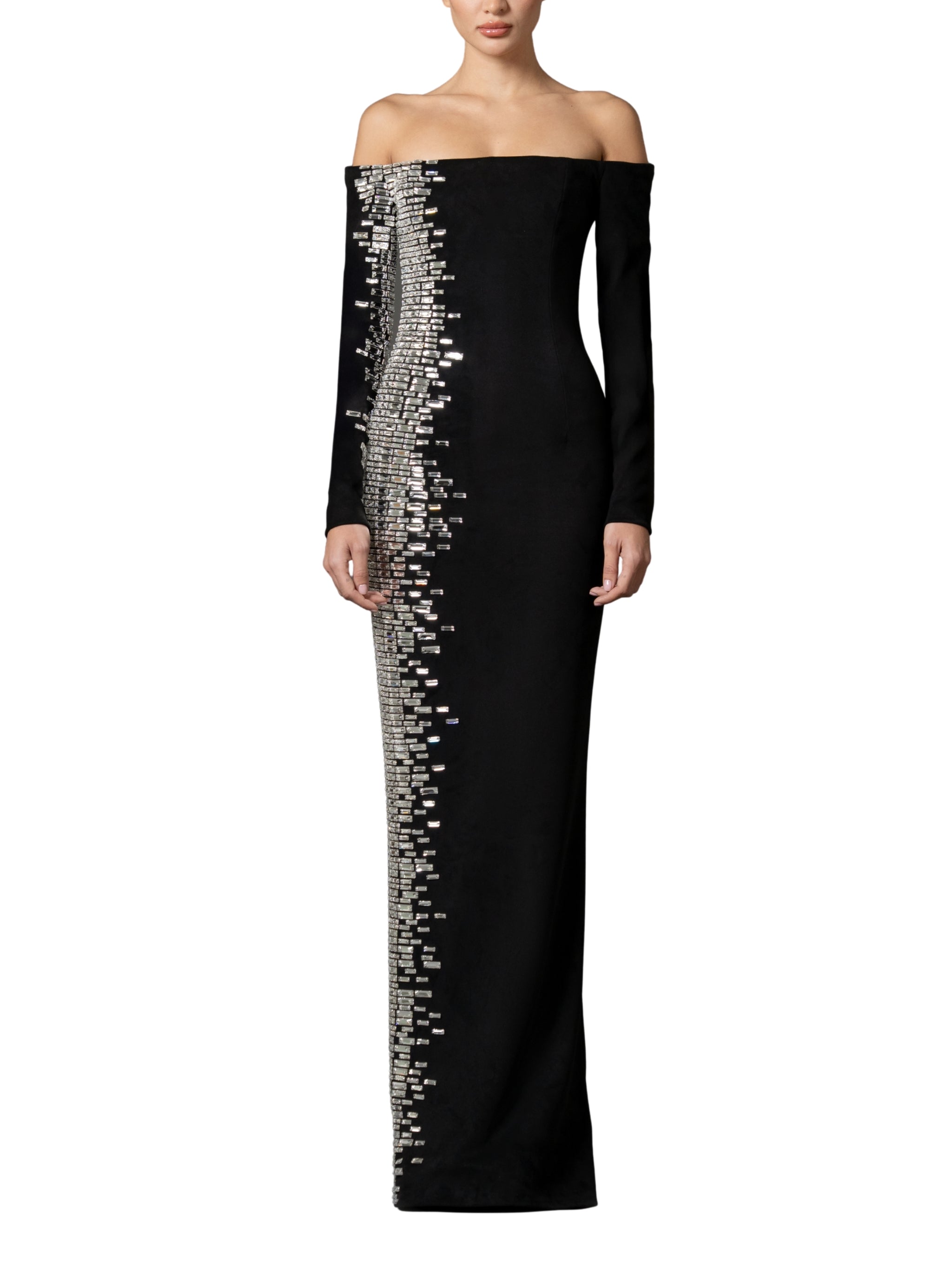 Off-the-shoulder suede gown embroidered with baguette stones