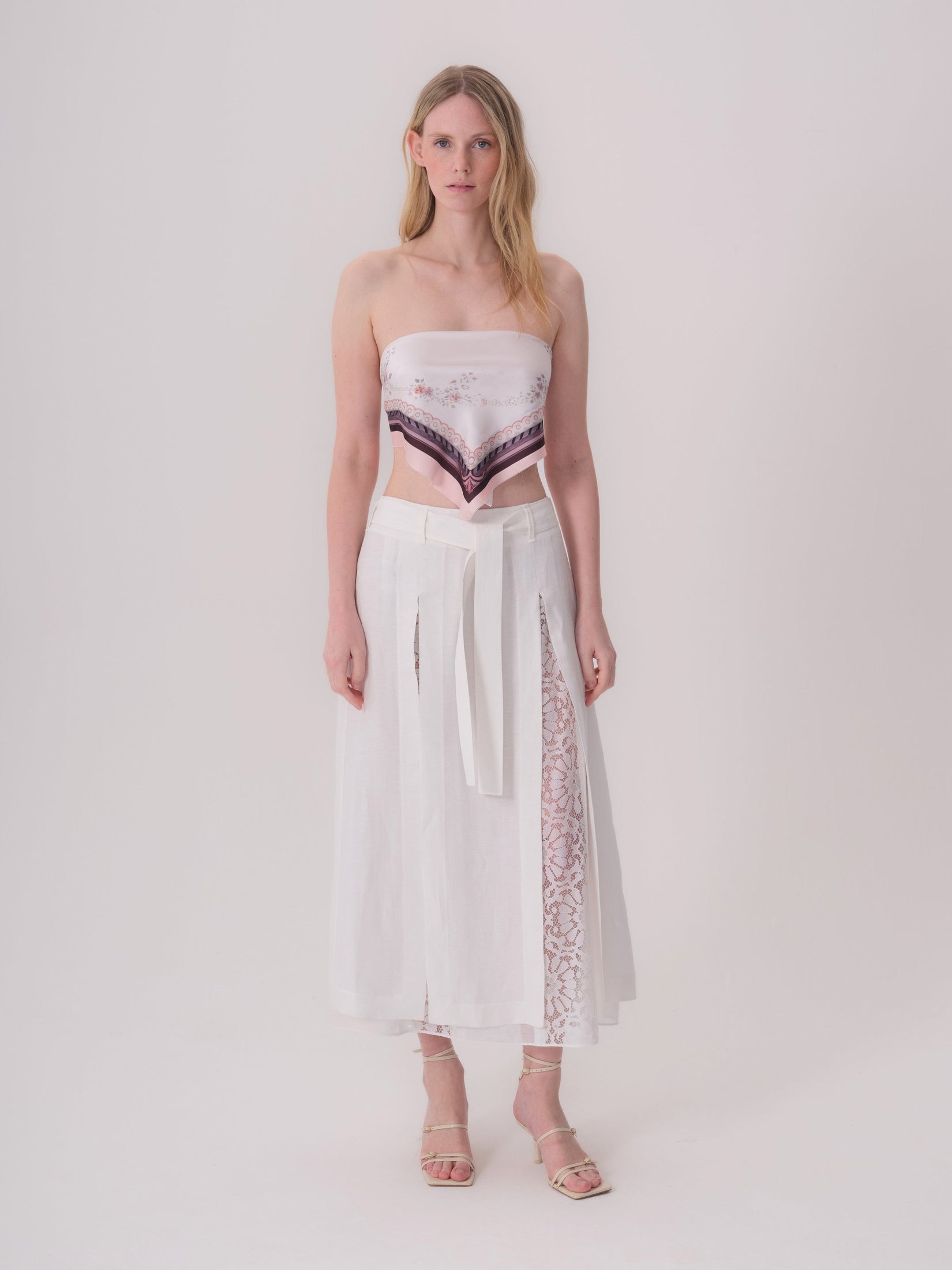 Belted Linen Skirt with Lace and Slit Detail