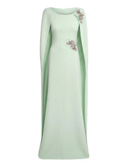 Full-length fitted cape gown with an a-line skirt