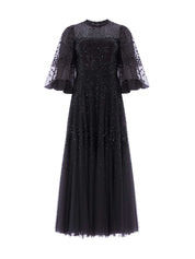 SCALLOP SEQUIN ROUND NECK ANKLE GOWN