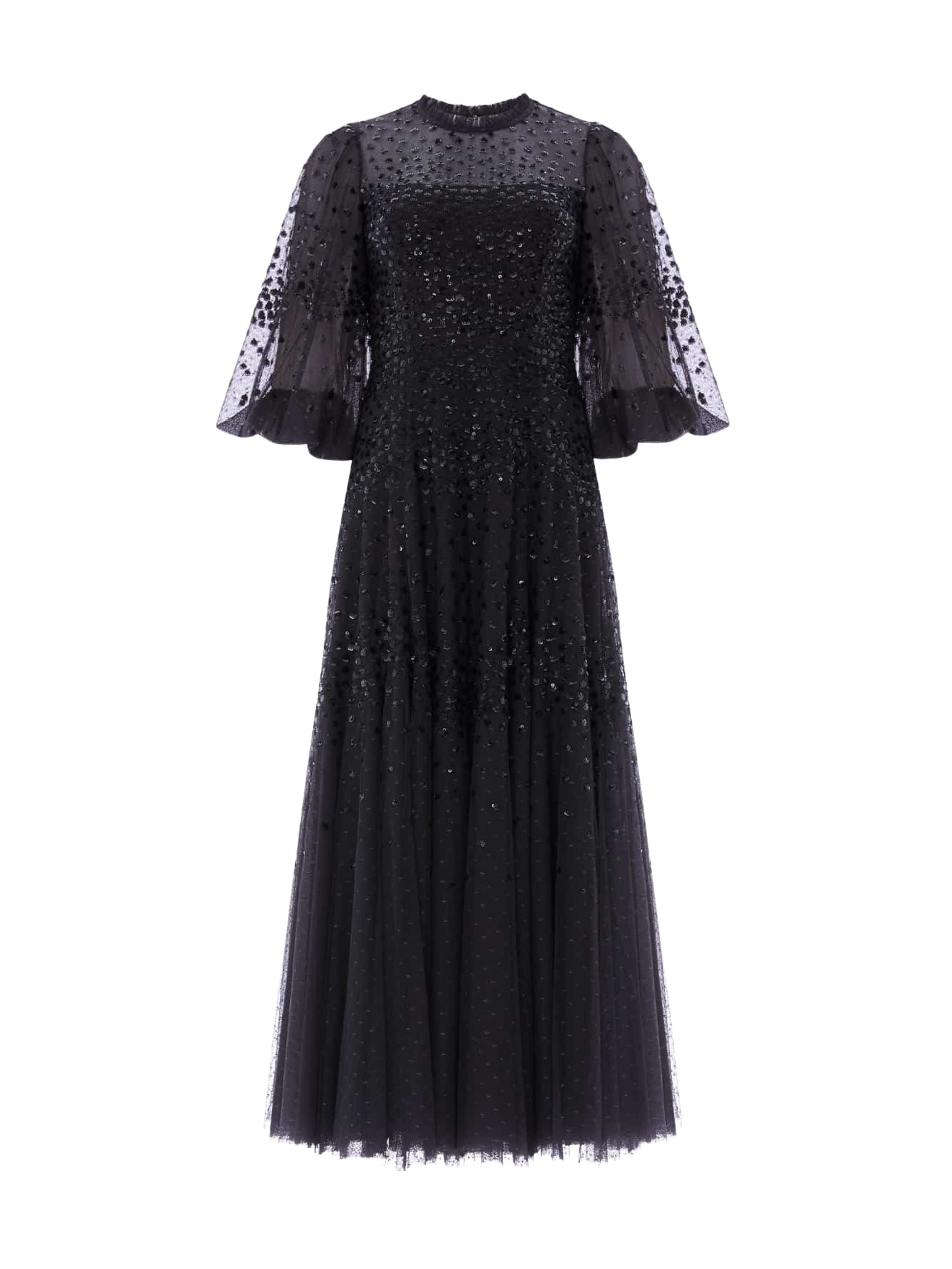 SCALLOP SEQUIN ROUND NECK ANKLE GOWN