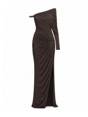 Off-shoulder dress with asymmetrical ruching and signature