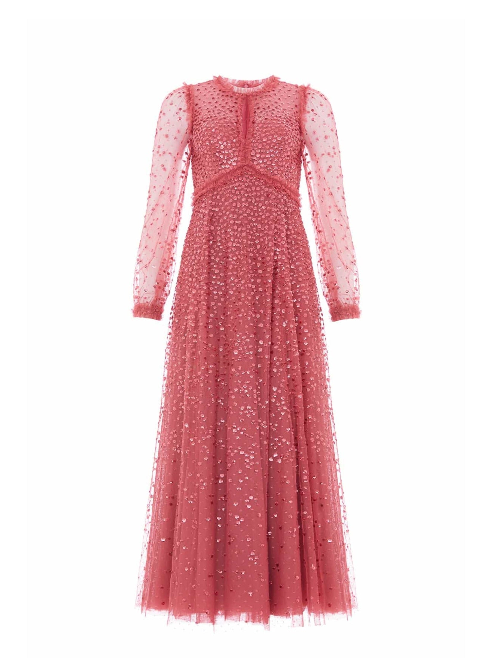 Dappled sequin long sleeve ankle gown
