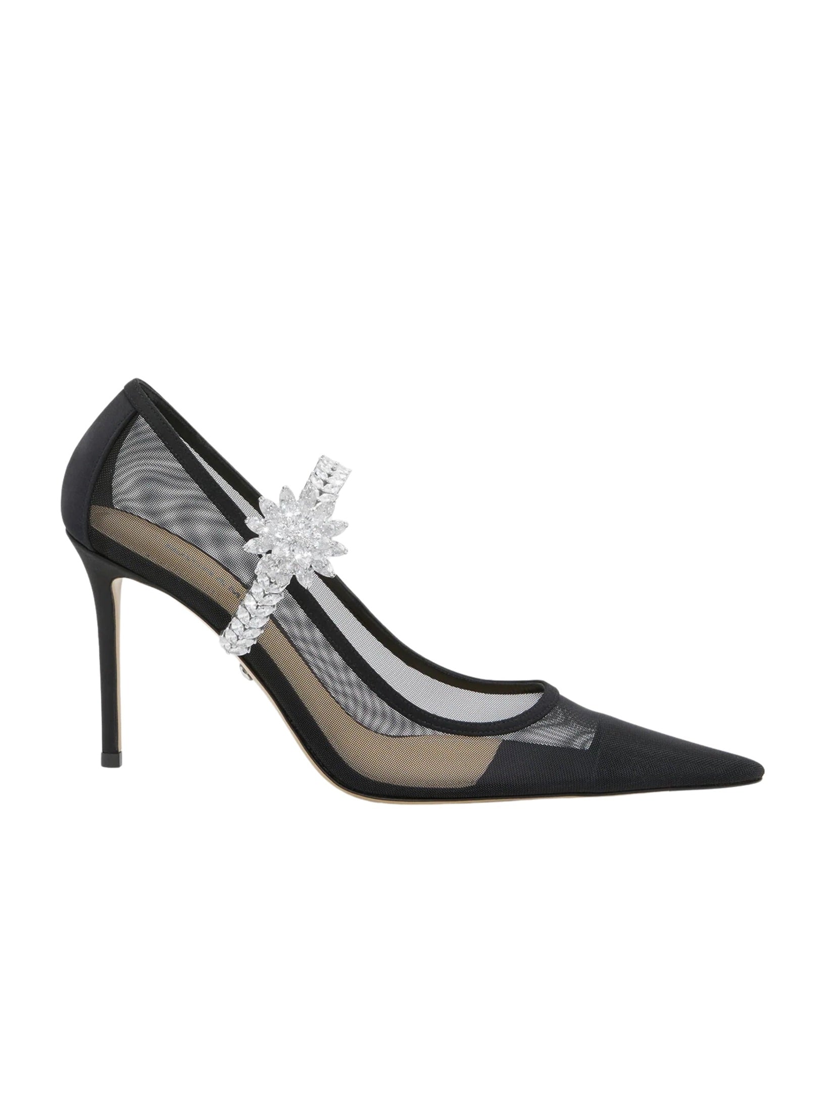 Lotus flower jewelled black mesh pumps (95mm)