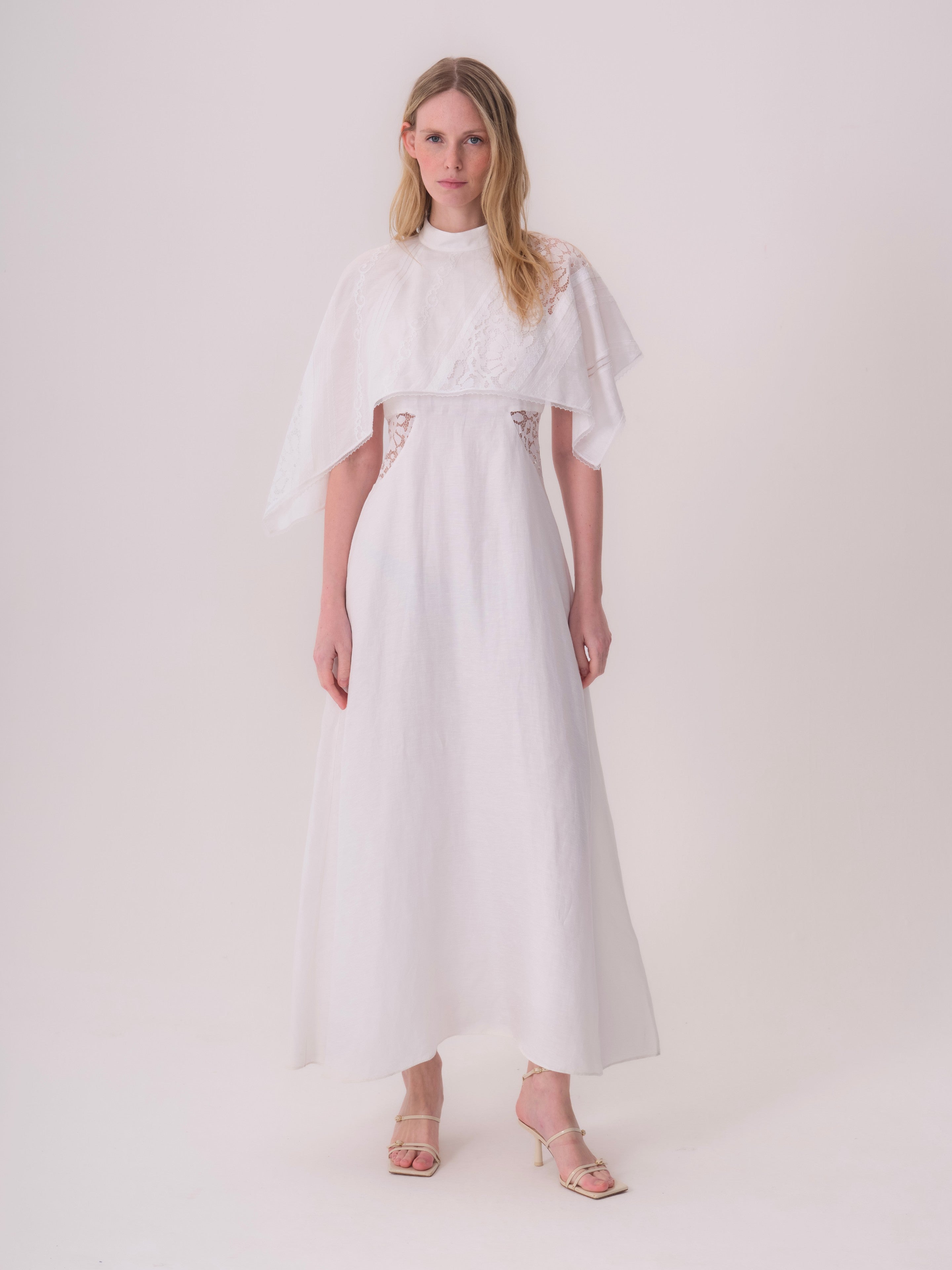 White Linen Dress with Lace Details