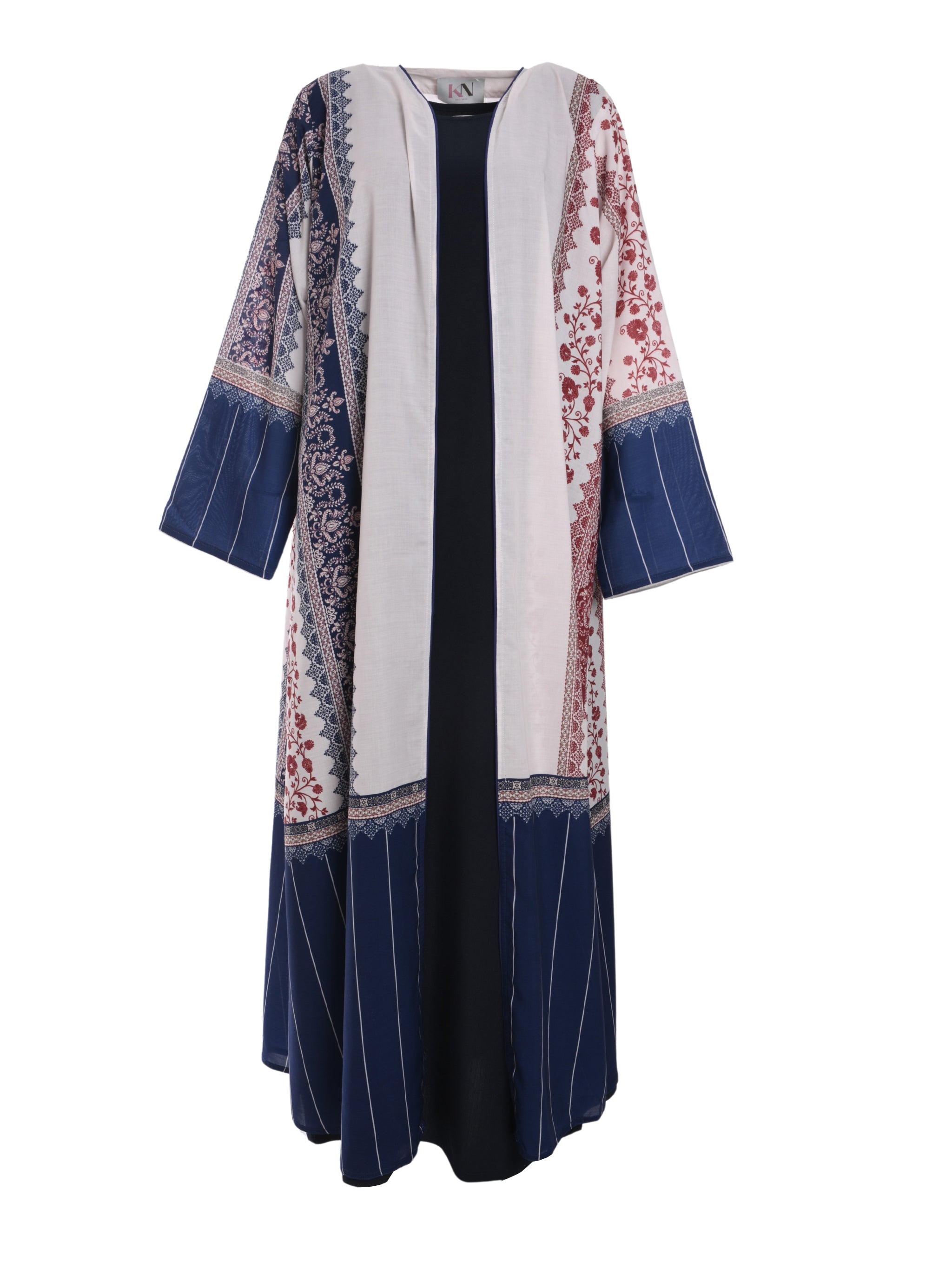 BURGUNDY ABAYA WITH NAVY BLUE AND BEIGE