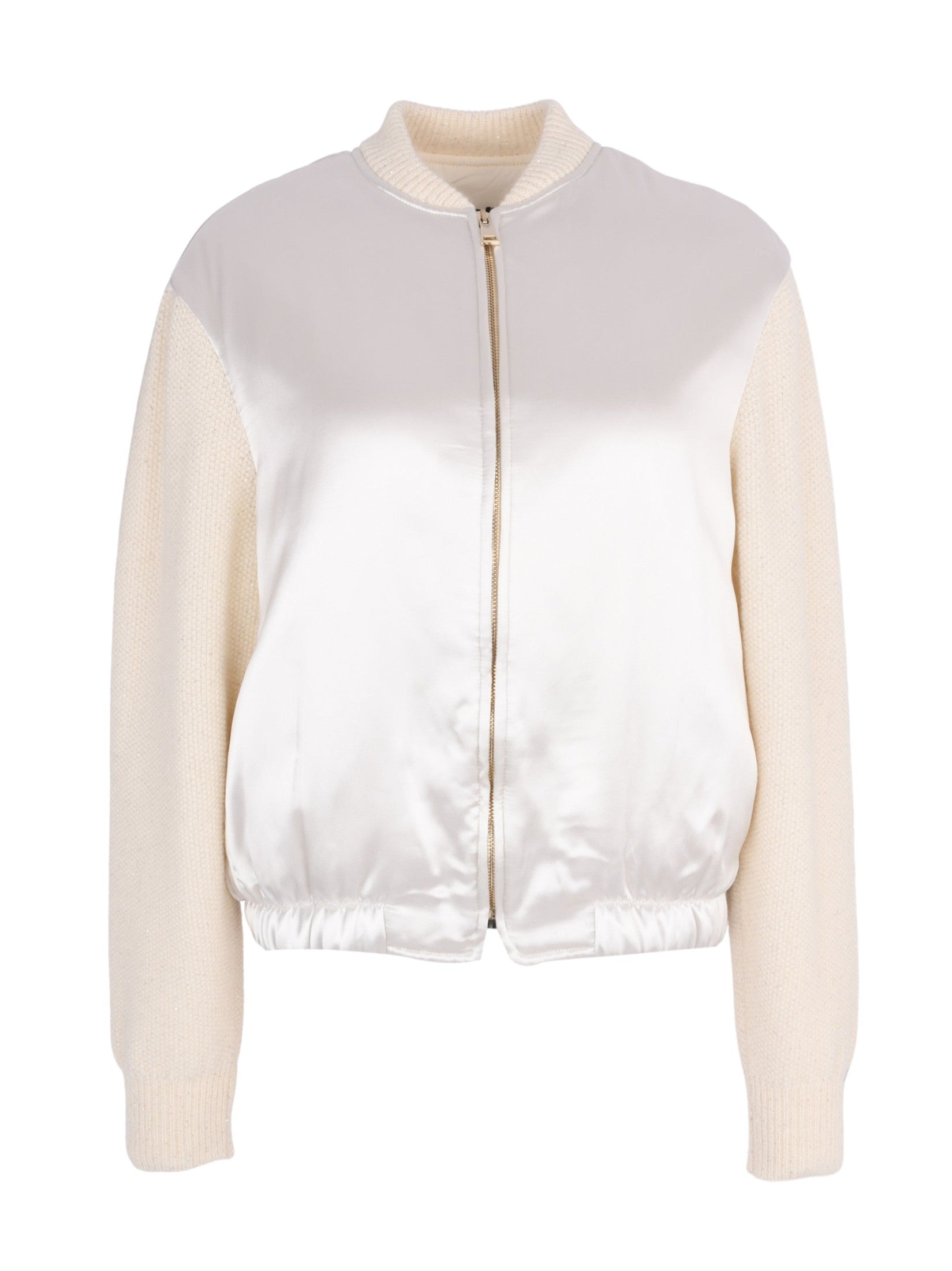 Satin padded bomber with knit sleeve