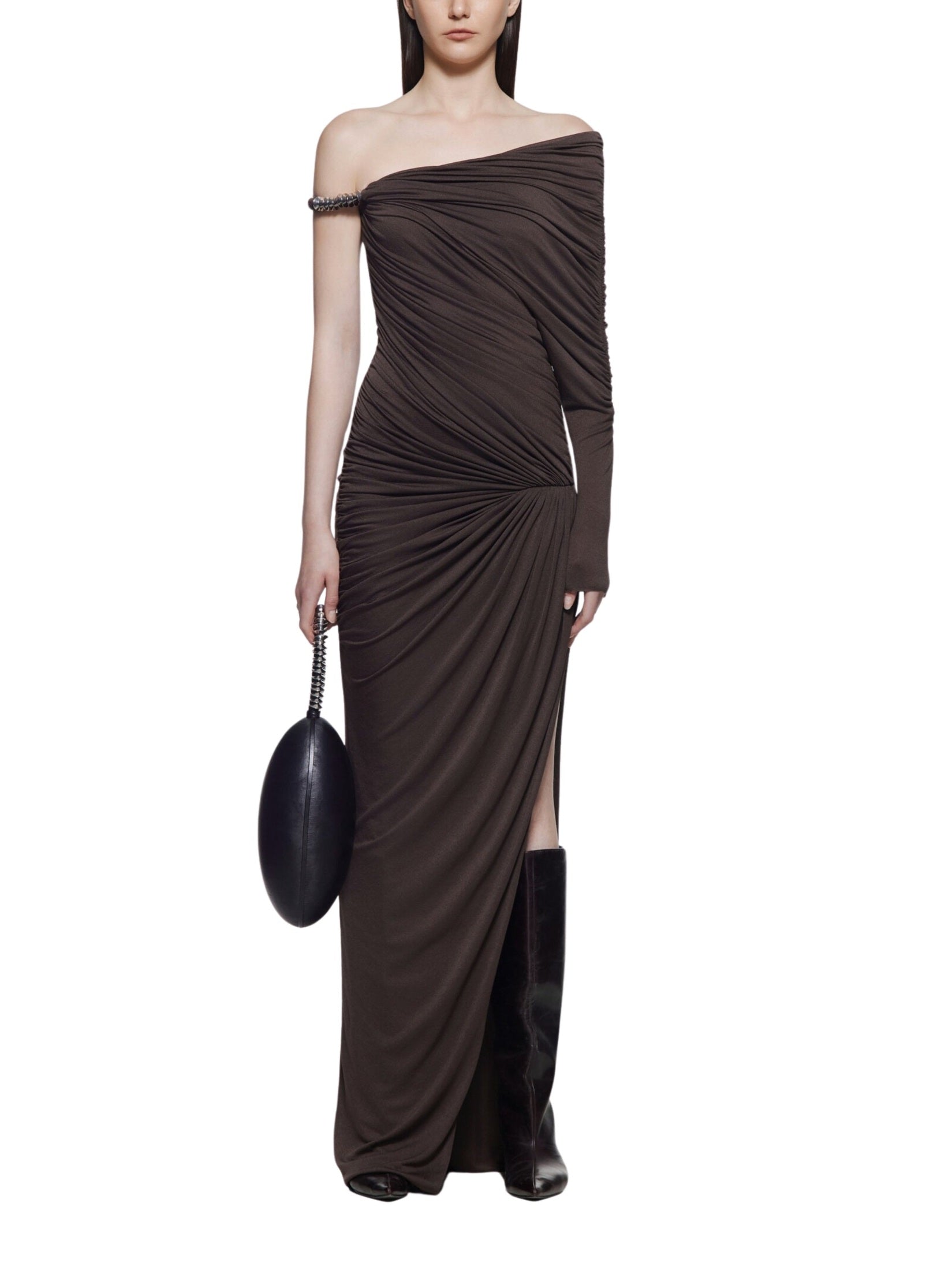 Off-shoulder dress with asymmetrical ruching and signature