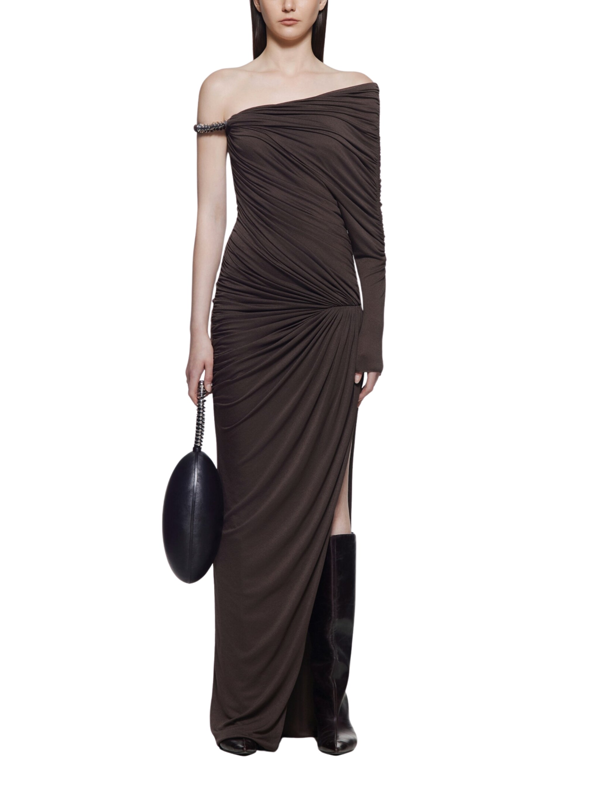 OFF-SHOULDER DRESS WITH ASYMMETRICAL RUCHING AND SIGNATURE