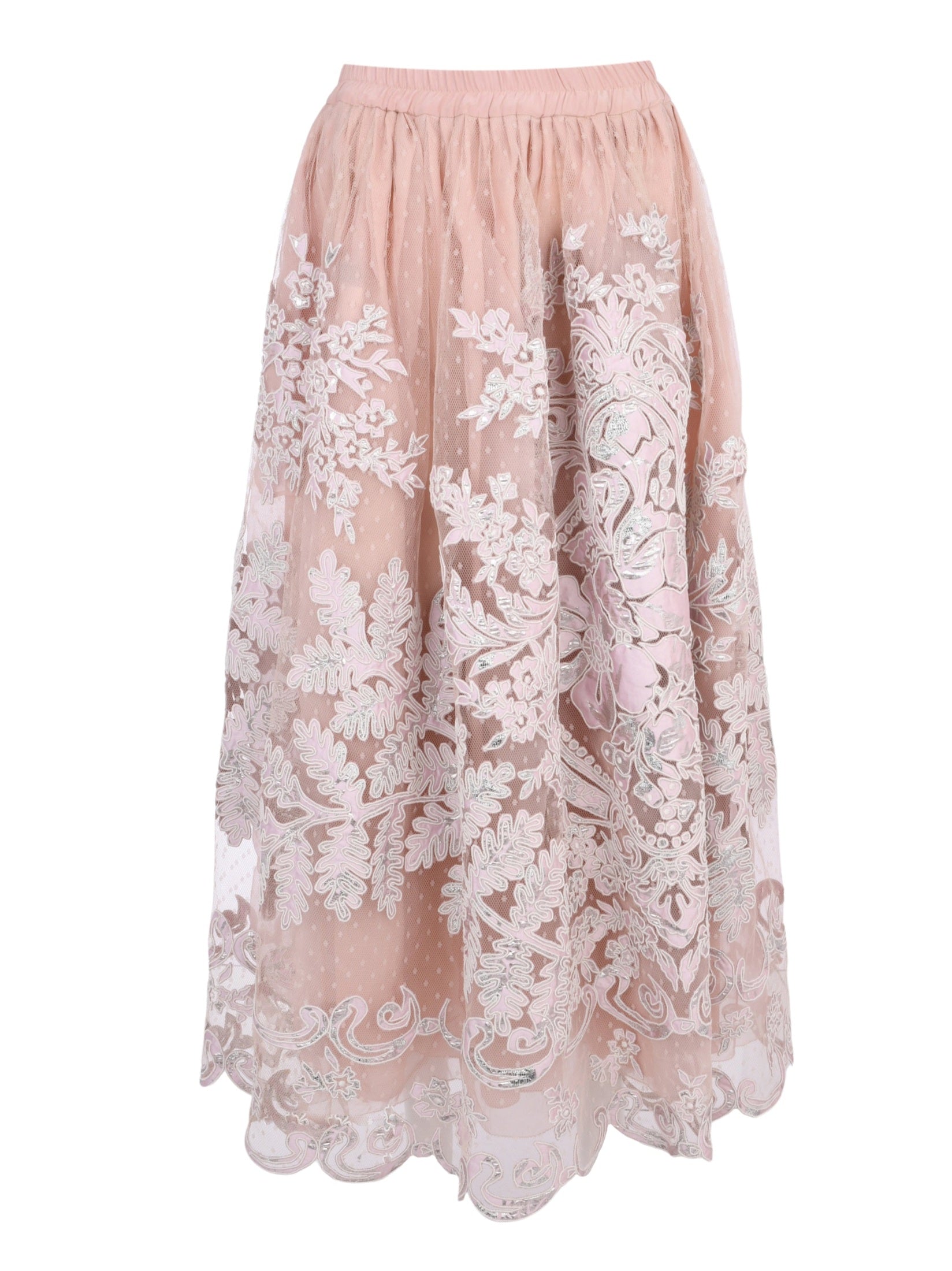 Mabel full elastic waistband tulle gathered mid length skirt with cord lame embroidery applique