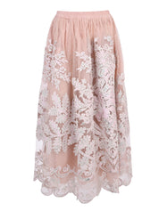 Mabel full elastic waistband tulle gathered mid length skirt with cord lame embroidery applique