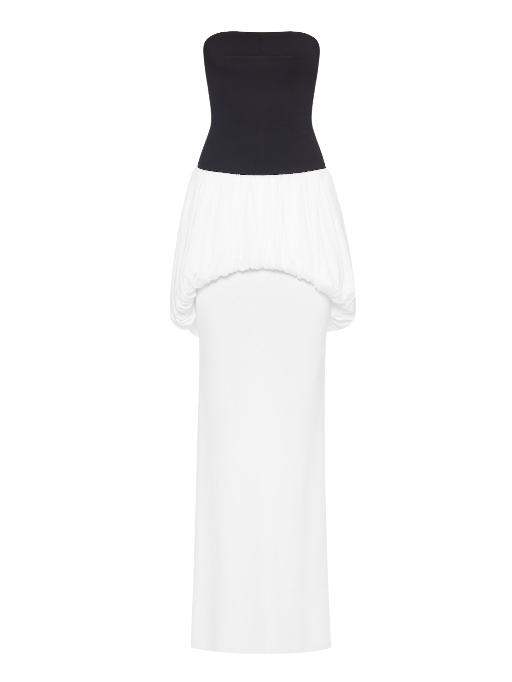 Strapless long dress featuring voluminous draping at the hips