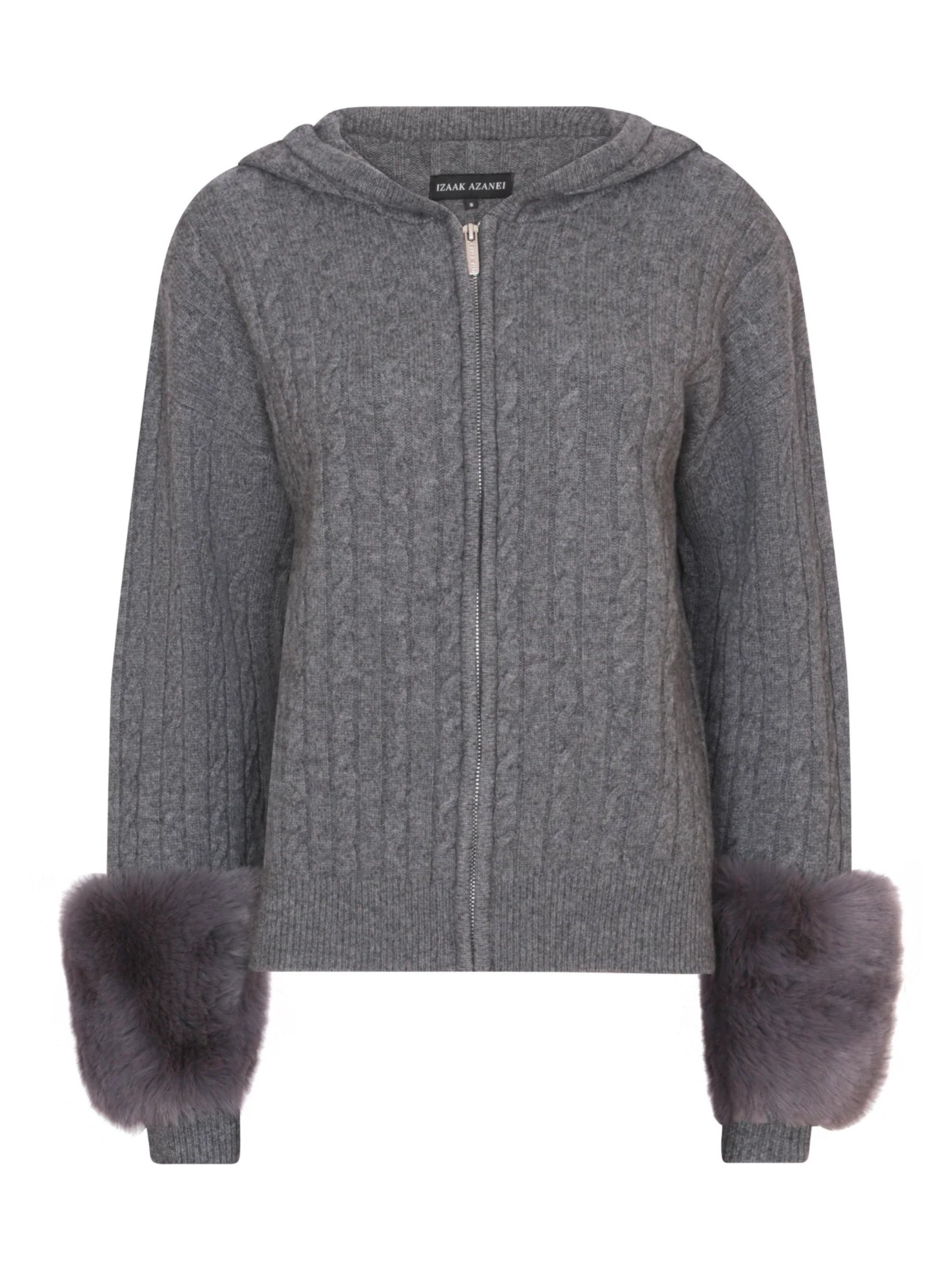 THE CABLE KNIT ZIP UP FAUX CUFF CARDIGAN IN STORM