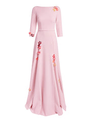 Sharp boat neck gown with asymmetric godets