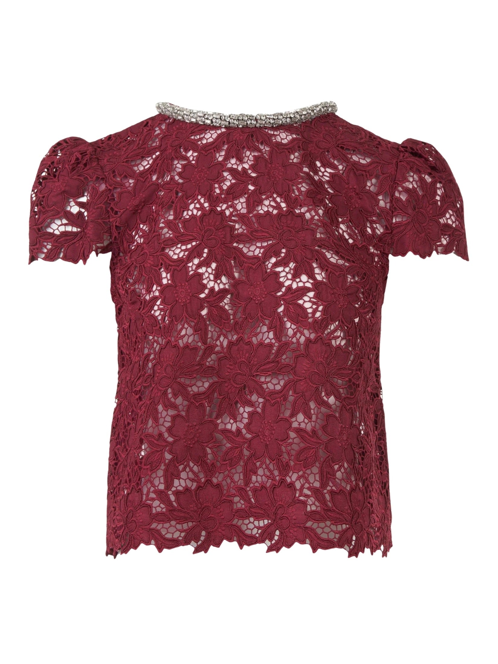 Burgundy lace crystal trim top