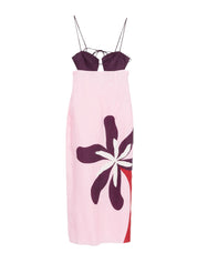 Fitted bodice midi dress featuring a straight skirt and thin straps