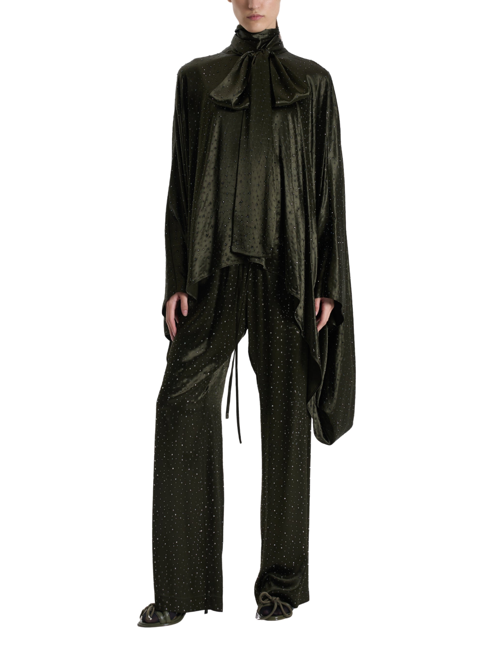 KHAKI EMBELLISHED DRAPED BLOUSE