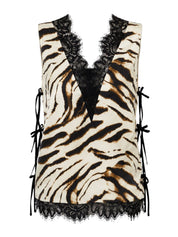 Printed stretch satin v-neck lace slip top