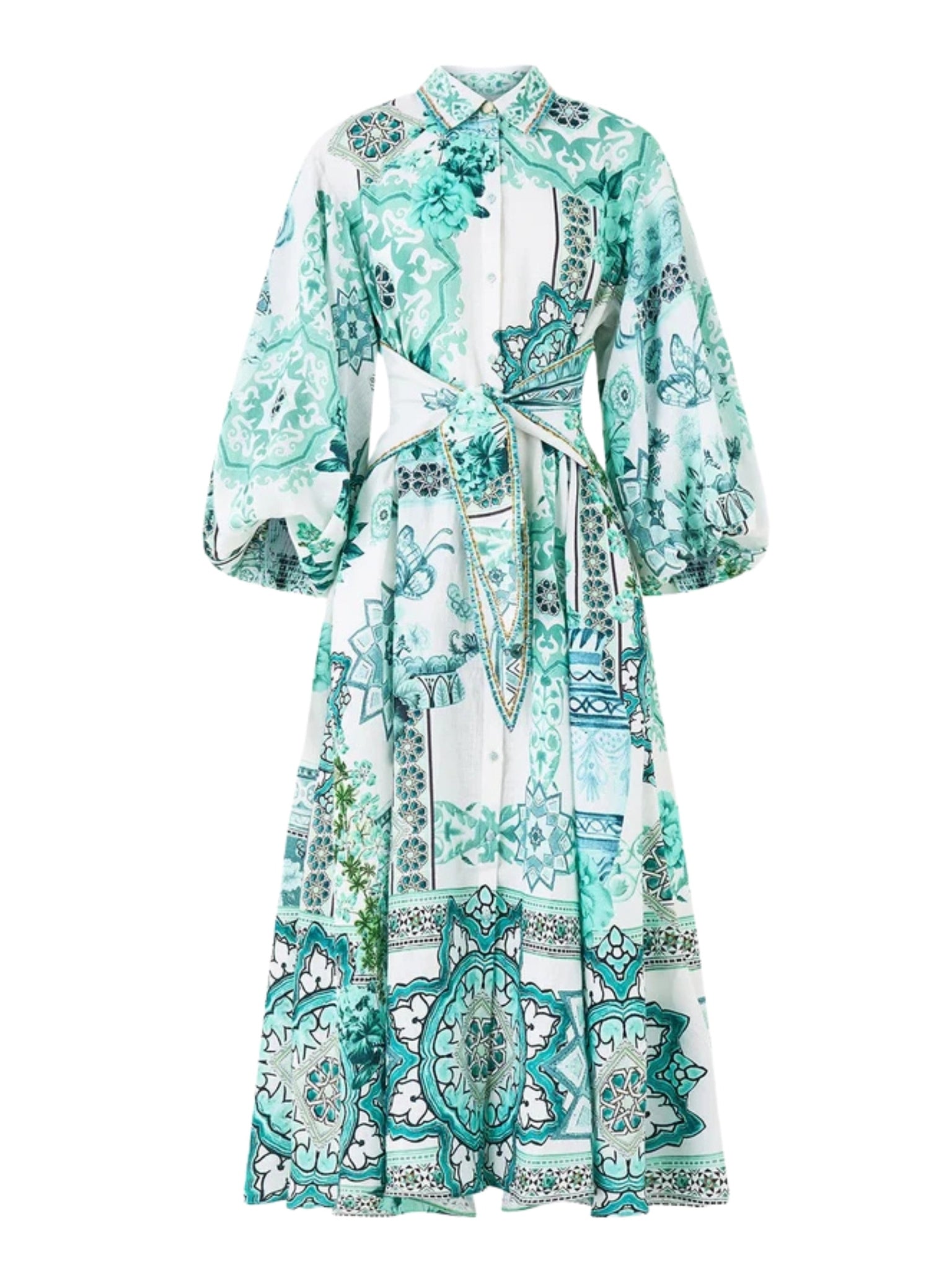 Waist tie shirt dress with bubble sleeve