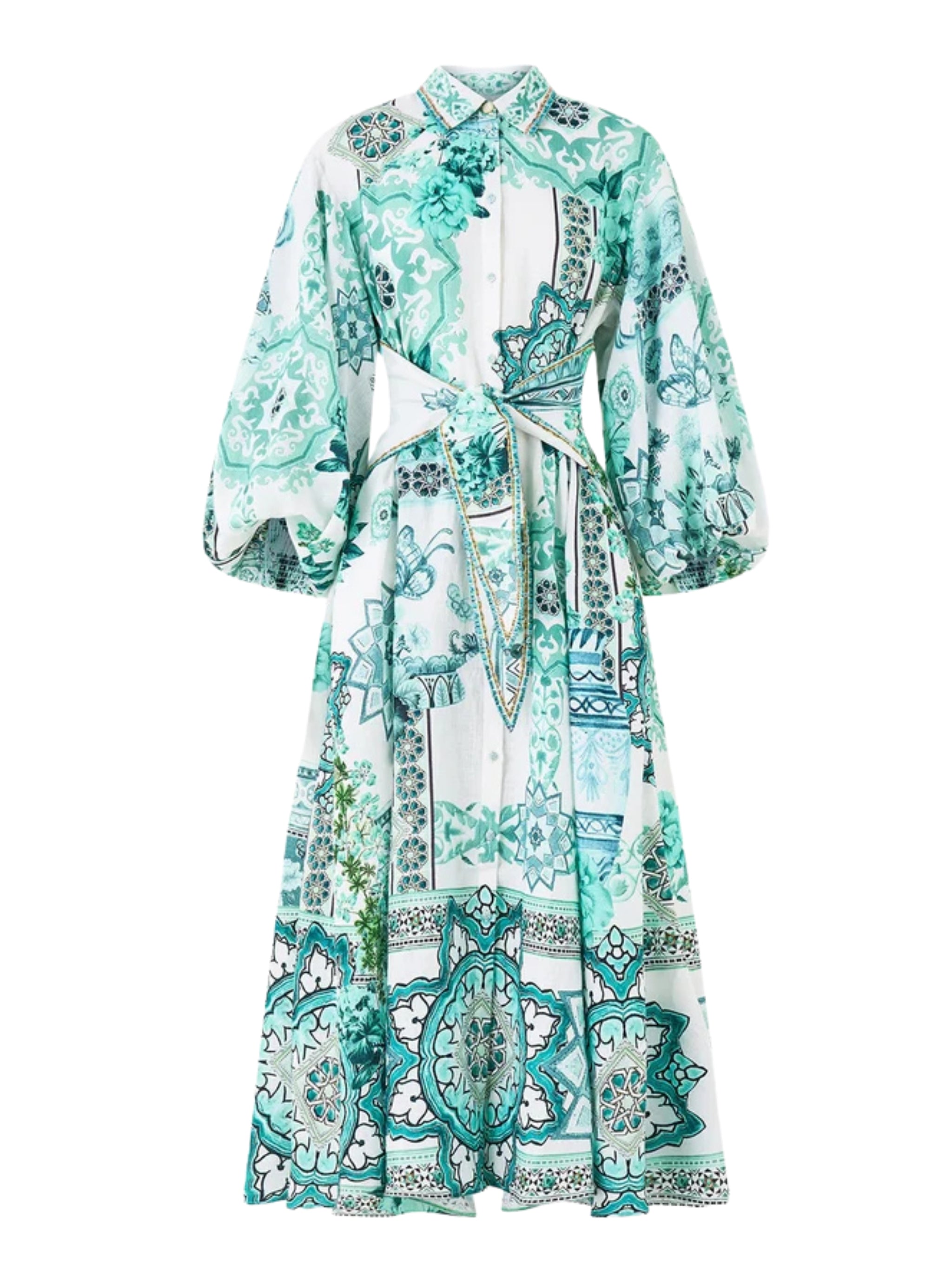 Waist tie shirt dress with bubble sleeve