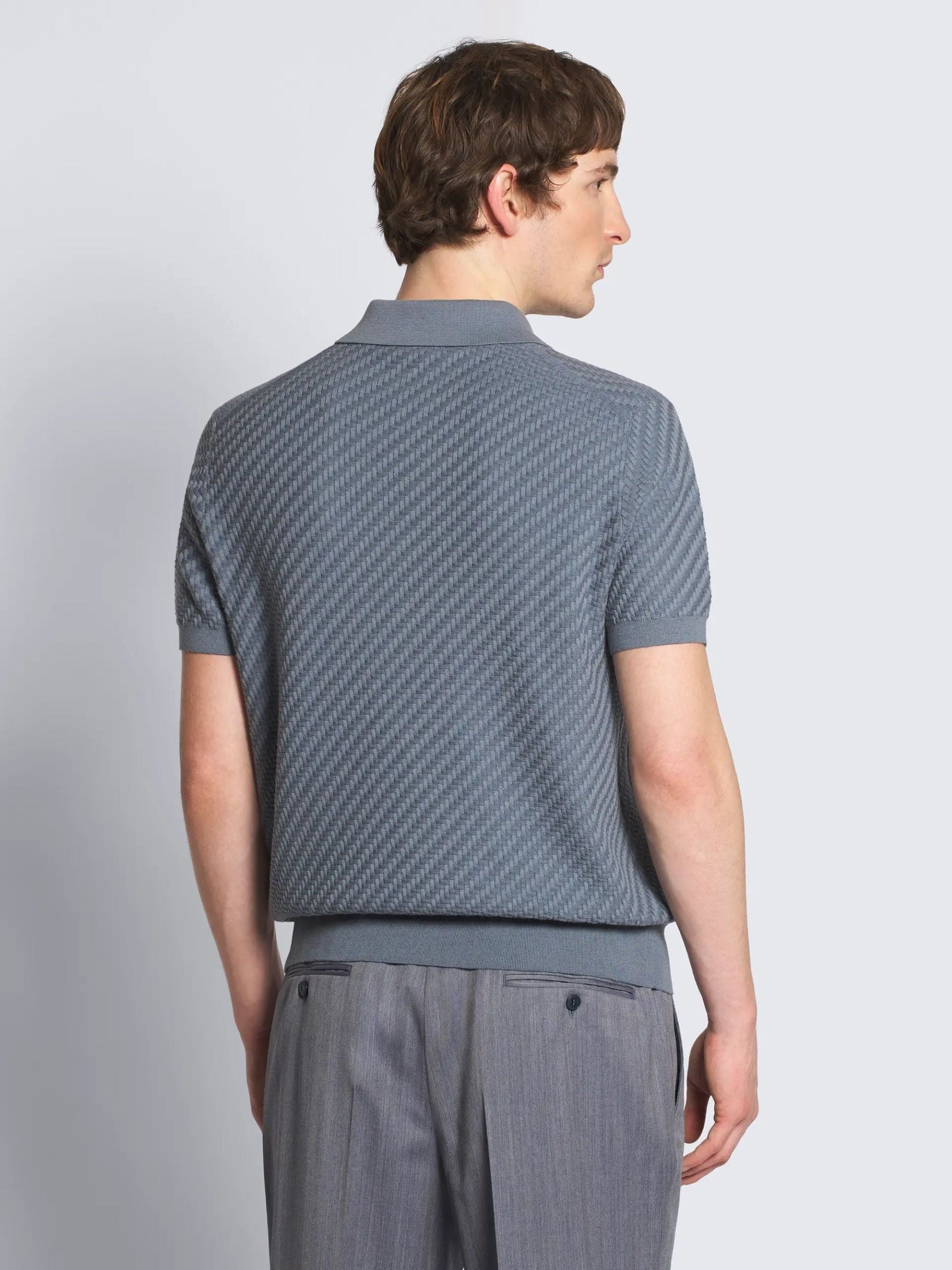 Steel blue cotton, silk and cashmere Trama weave polo