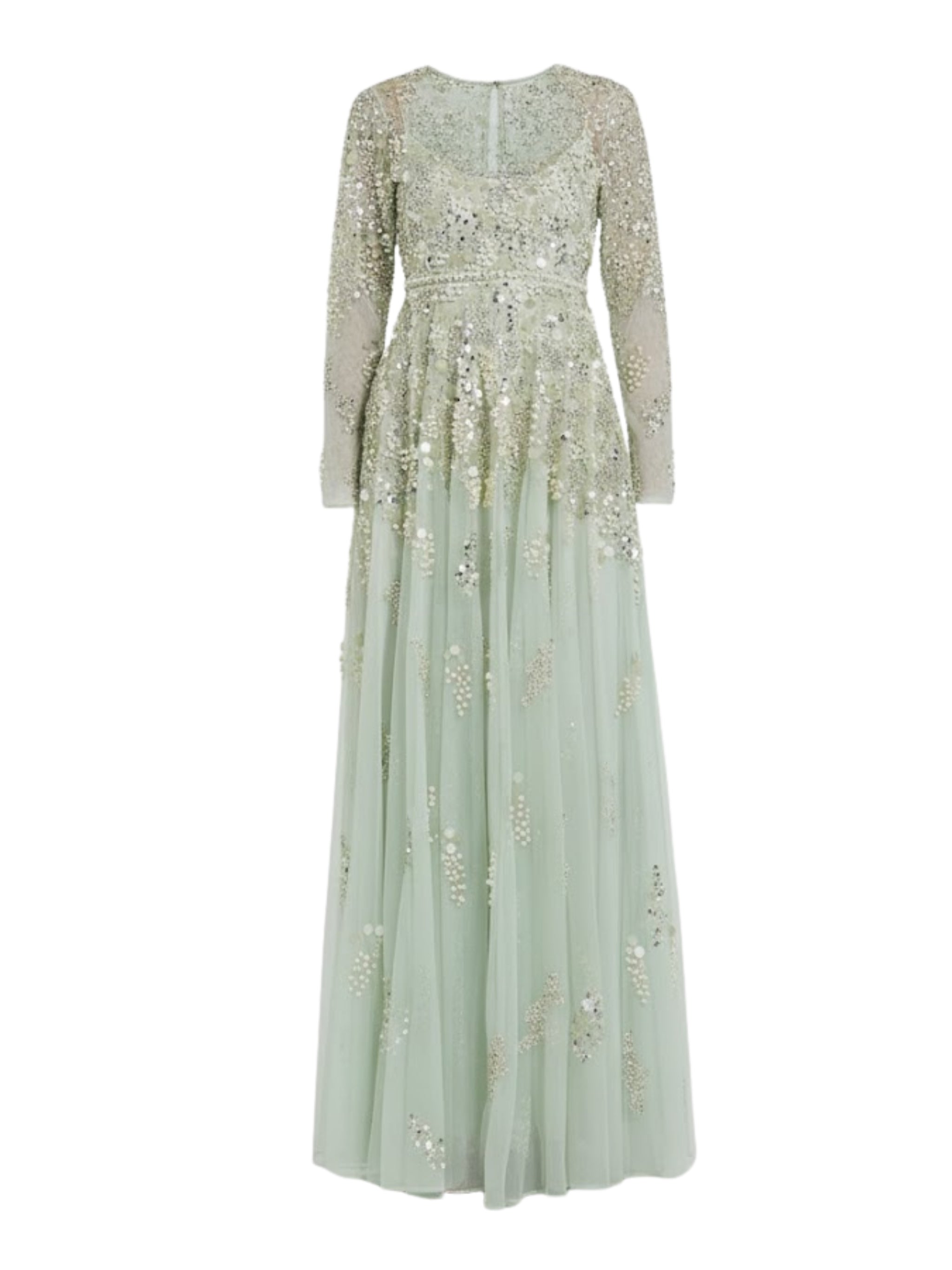 Green long sleeve sequin pearl embellished gown