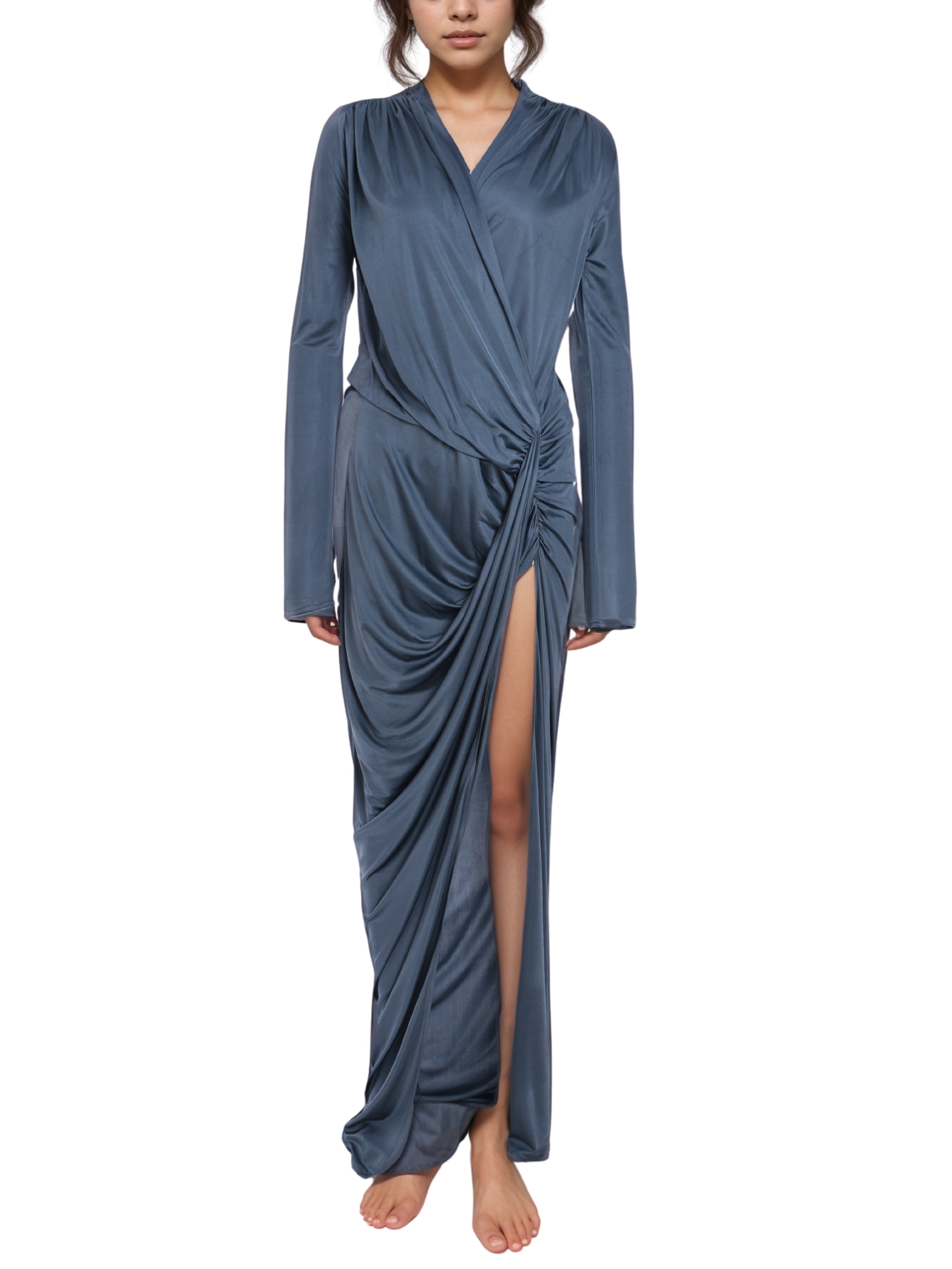V NECK DRAPED LONG DRESS