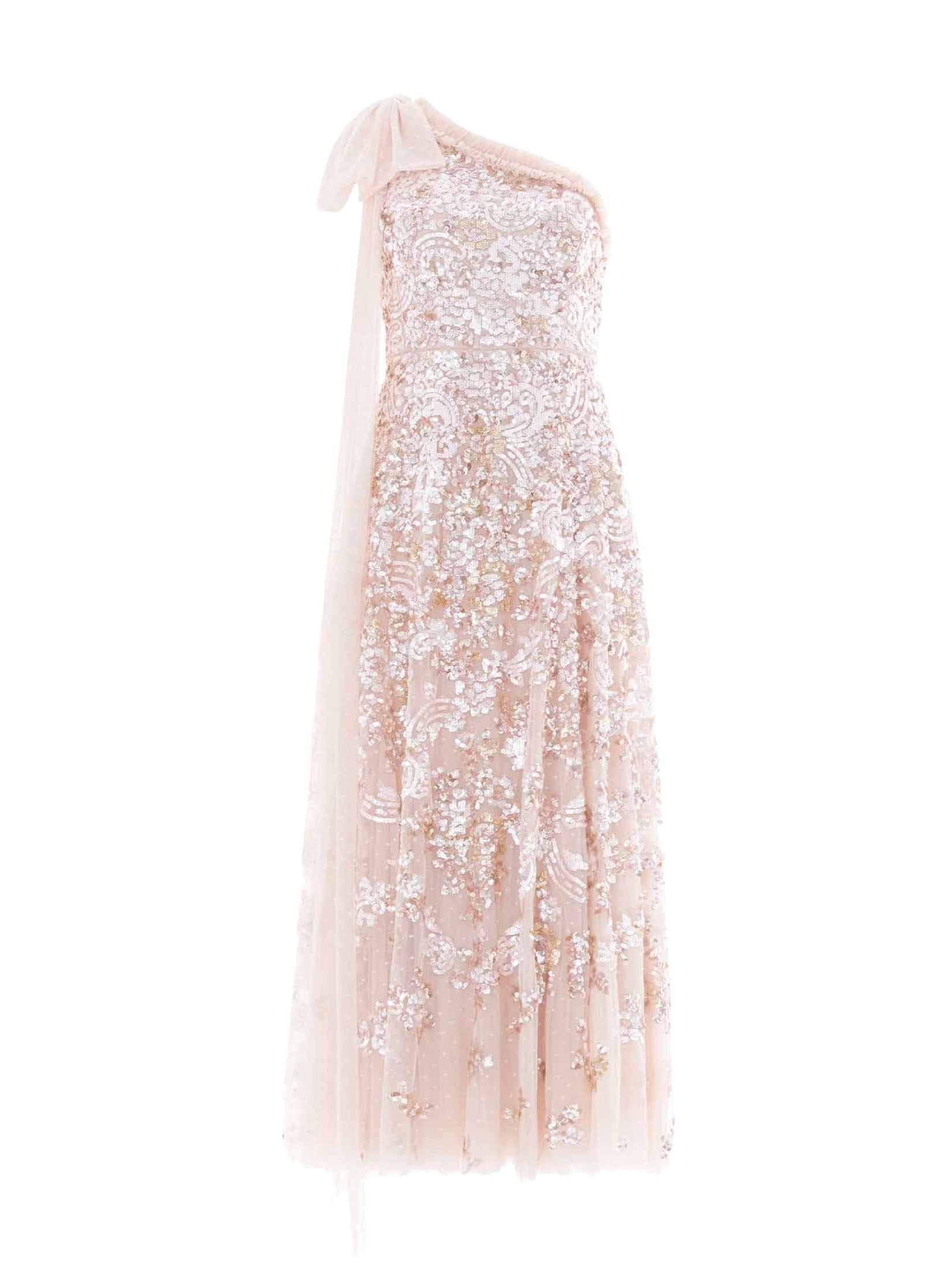 Baroque floral one-shoulder bow ankle gown