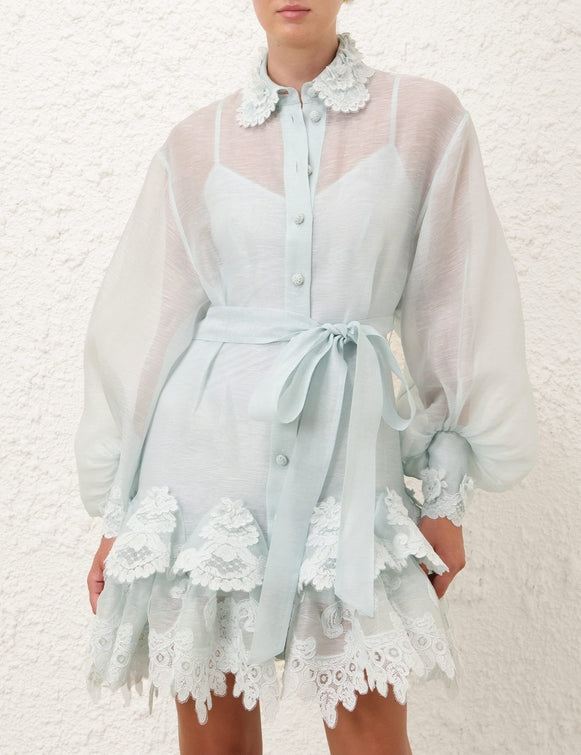 CRUSH TIERED LACE SHIRT DRESS