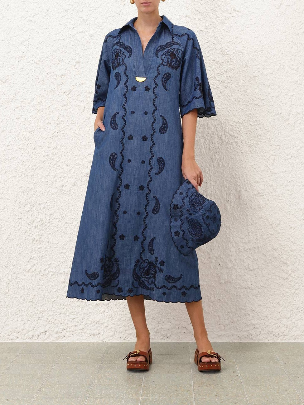 Aster embroidered denim midi