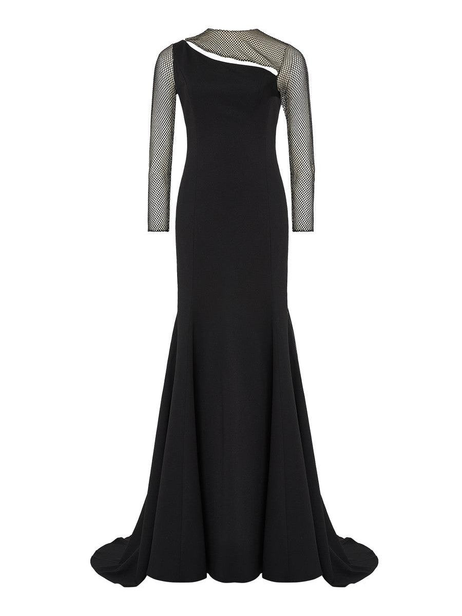 Long sleeve mermaid crepe gown with cutout neck detail