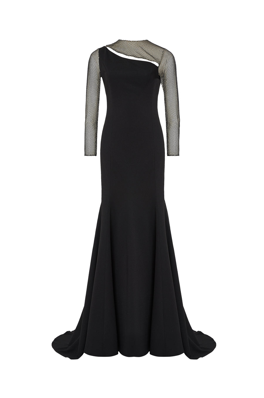 LONG SLEEVE MERMAID CREPE GOWN WITH CUTOUT NECK DETAIL