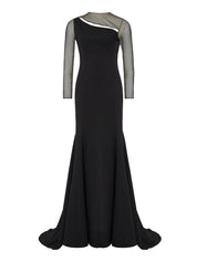 Long sleeve mermaid crepe gown with cutout neck detail