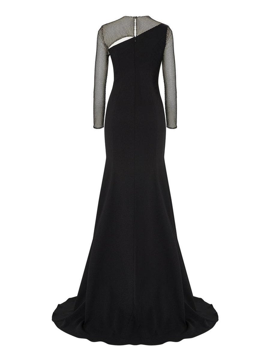 Long sleeve mermaid crepe gown with cutout neck detail