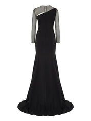 Long sleeve mermaid crepe gown with cutout neck detail